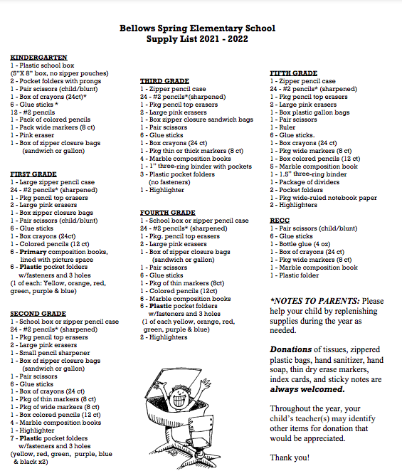 2021 22 School Supply List Bellows Spring Elementary School